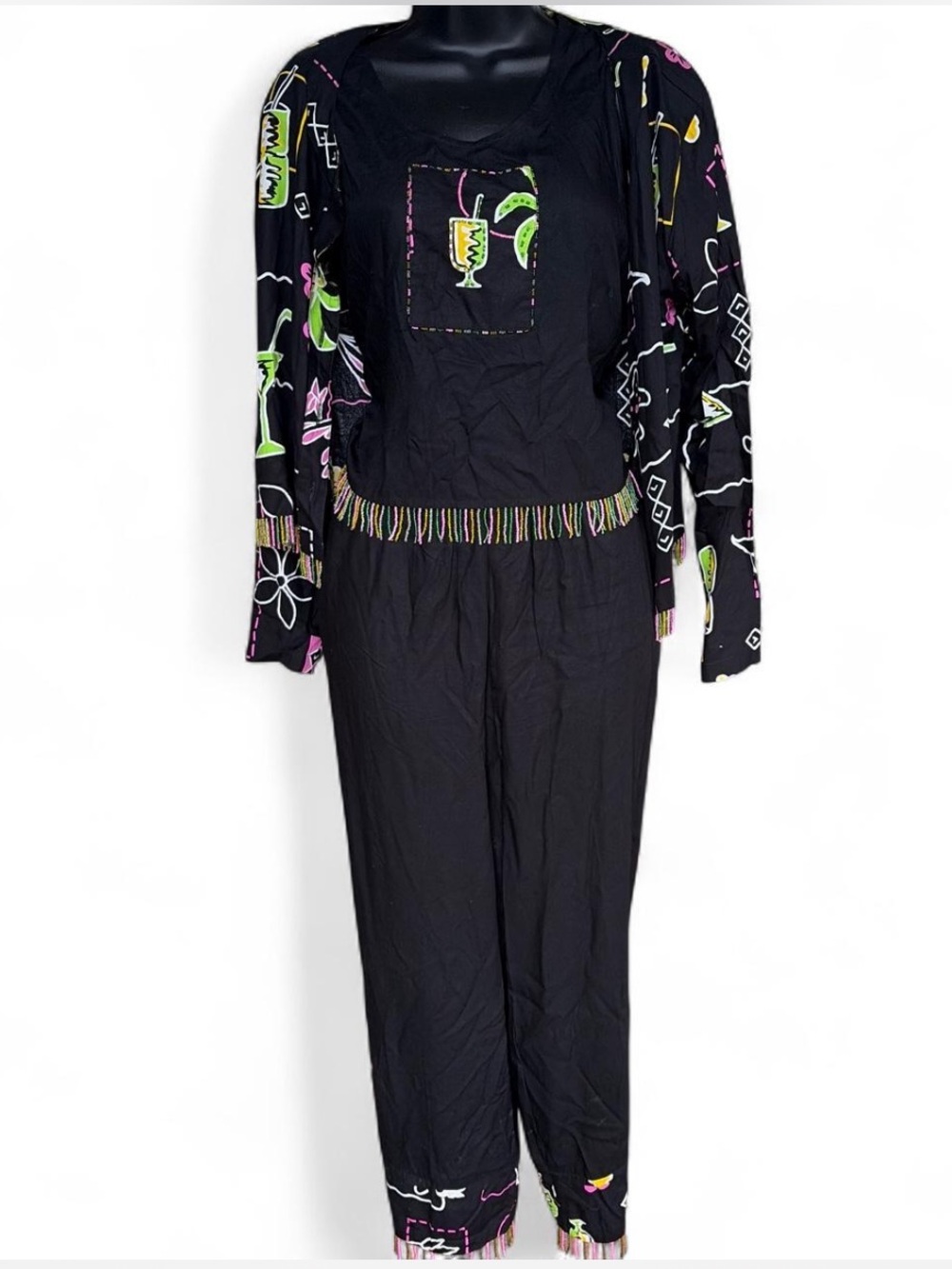 Vintage 3 Piece Set with Cocktail Print and Fringe Beads
